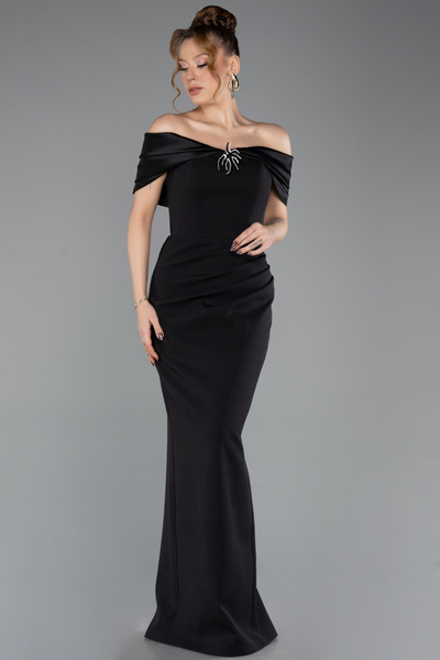 Abiyefon Siyah Saten Kayık Yaka Uzun Balık Abiye Elbise ABU5562