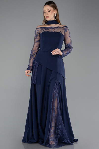 Abiyefon Lacivert Dantelli Uzun Kol Büyük Beden Abiye ABU5657