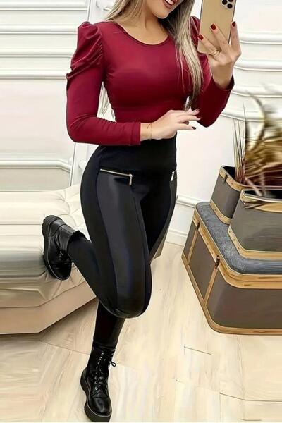 Mossta High Waist Leather Detailed Zippered Leggings - Black