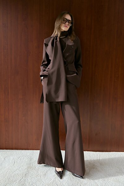 Melike Tatar Scarf Detailed Jacket Set Brown 2662