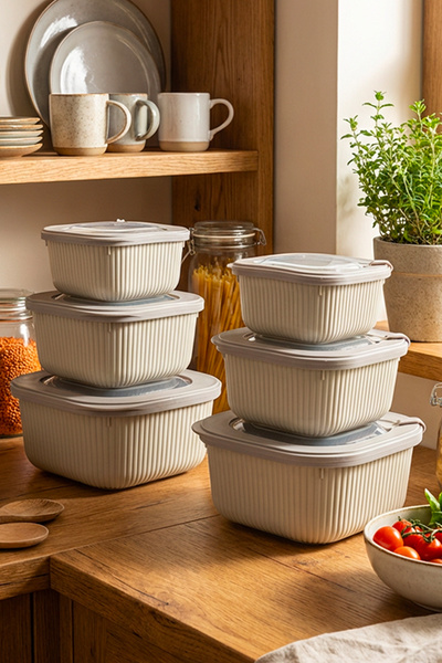 Homekolik Set of 6 Square Beige Storage Containers – 2 ×(1750 1050 600) – Sui...