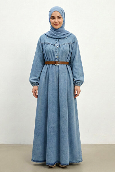 FERHEL Women's Buttoned Sleeve Elastic Belt Detailed Hijab Denim Dress - Ice ...