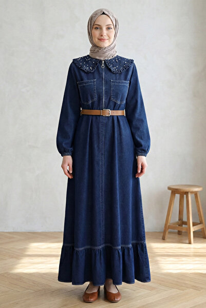 FERHEL Women's Baby Collar Half Zipper Pearl Detailed Belted Denim Hijab Dres...