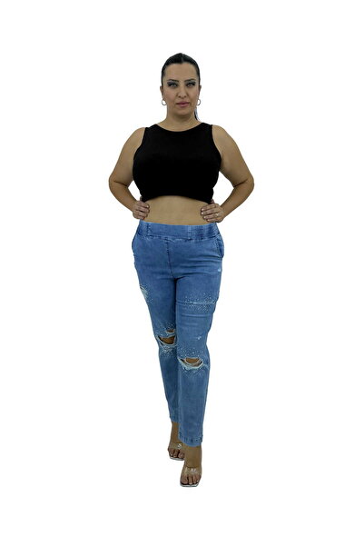 Risha Plus Size Denim Elastic High Waist Ripped Skinny Leg Women's Pants