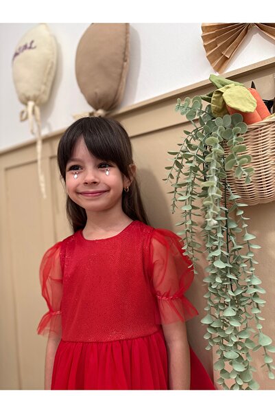 penu baby kids Red Short Balloon Tulle Sleeve Detailed Baby Girl Dress with S...