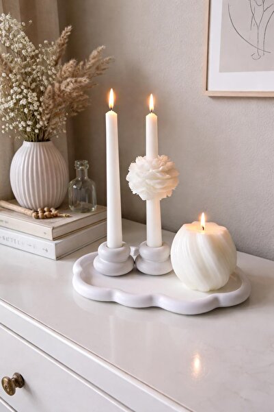 YASMELLA HOME El Yapımı Dekoratif Set – Bulut Form Tepsi, İkili Şamdan ve Mod...