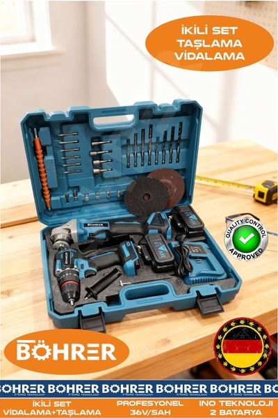 BÖHRER 36V 5AH SÜPER İKİLİ SET 13MM DEMİR MANDREN AKÜLÜ VİDALAMA + 125MM AKÜL...