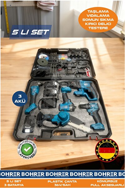 BÖHRER AKÜLÜ 3 BATARYA 5 Lİ SET TAŞLAMA + SOMUN SIKMA + VİDALAMA + KIRICI DEL...