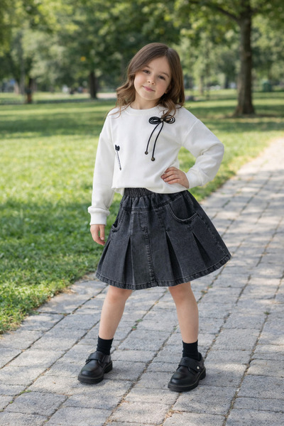 NURTOPU Set pentru fete cu fustă din denim, sezonier, 2 piese (bluză și fustă...