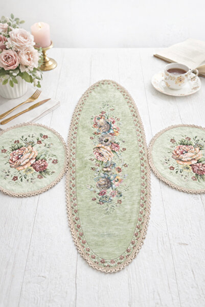 Yeshome Collection Vintage Bouguet Runner & Amerikan Servis Seti 3 Parça – 40...