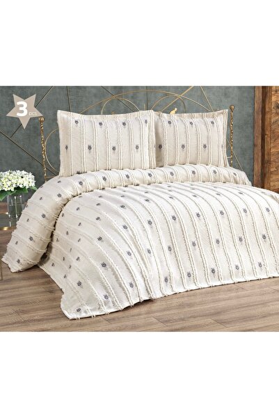 Lady London Ponpon Exclusive Tulip Model-3 Parça Çift Kişilik Yatak Örtüsü- G...