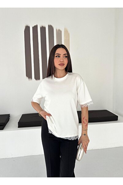 gozdefashion Women's Lace Detailed Basic T-Shirt