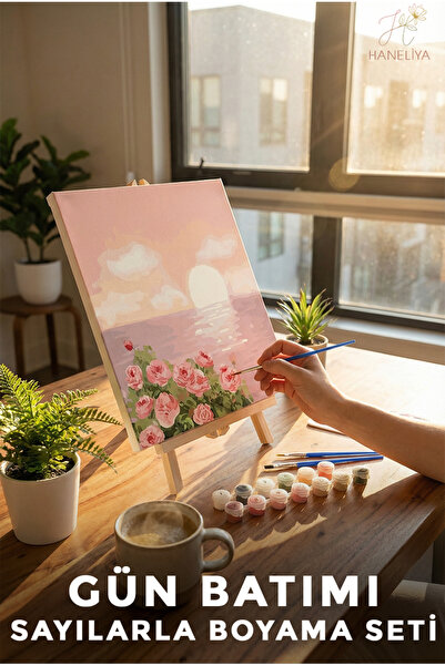 Haneliya Gün Batımı, Deniz ve Pembe Gül - Sayılarla Boyama Numaralı Hobi Seti...