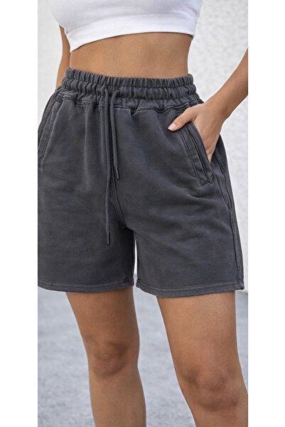 Basics&More Γυναικείο βαμβακερό σορτς ανθρακί πάνω από το γόνατο