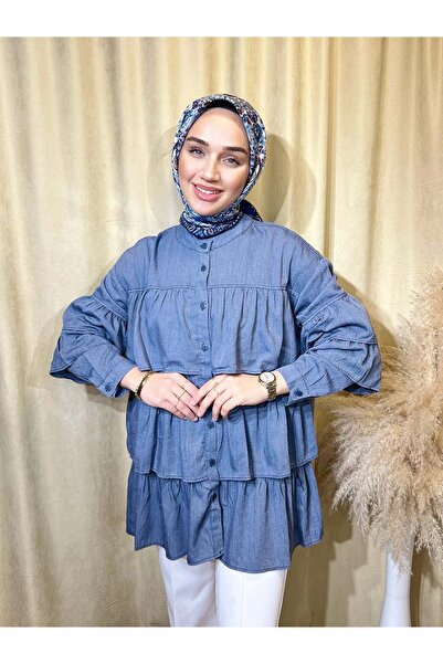 TK BUTİK Fırfır Detaylı Kot Gömlek