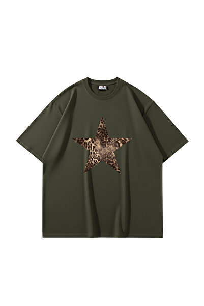 Sekizbiraltı Starz Leopard Printed 24/1 Oversize Unisex Khaki Tshirt