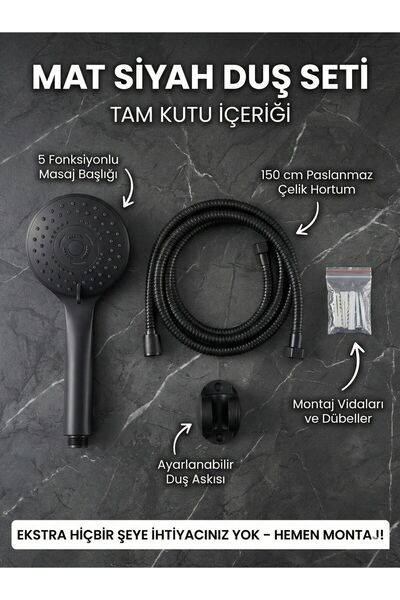 Mat Siyah Lüks Duş Seti - 4 Fonksiyonlu Masajlı Duş Başlığı + 150cm Hortum + Askı (Tam Takım)