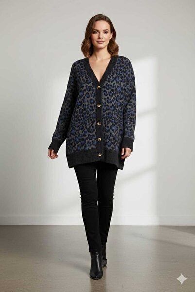 Uludağ Triko Women's Navy Blue Black Smoked Leopard Patterned Buttoned Knitwe...