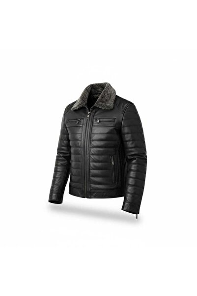 MODA Men's Black Genuine Leather Coat with Detachable Fur Collar and Zippered...