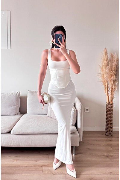 Zoom Butik Bel Korse Kare Yaka Elbise - BEYAZ