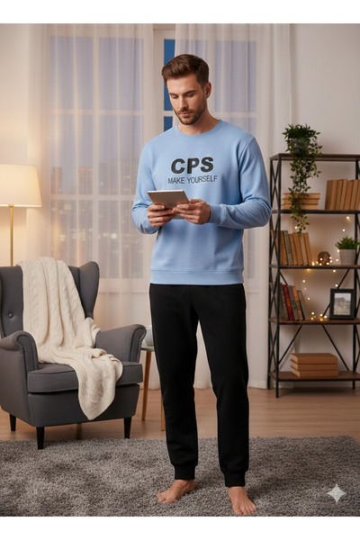 Sude Men's Blue Combination Long Sleeve Fleece Plush Winter Warm Pajama Set