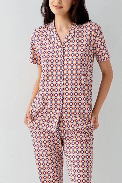 Arnetta Жіночий піжамний комплект, сорочка з коміром, короткий рукав, кишені,...