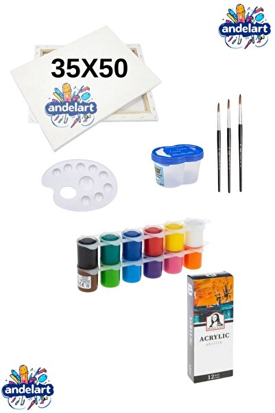 andelart 5 Parça Ressam Seti - 35x50 Tuval + 12 Renk Akrilik Boya ve Boyama A...