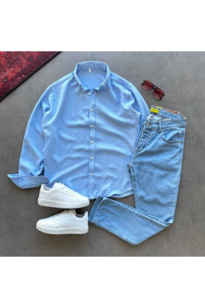 THANBUTİK Crinkle Linen Shirt and Slimfit Jeans 2-Piece Set