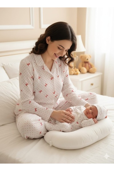 İpek Mother and Baby's First Sleep Bow Pattern Mother's Long Sleeve Pajama Se...