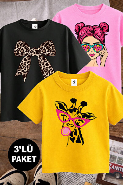 twins tailors Μπλουζάκι για κορίτσια με στάμπα καμηλοπάρδαλης και φιόγκους, 3...