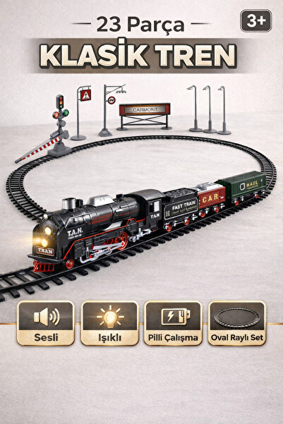 TRENDZONE Pilli Sesli Işıklı 23 Parça Klasik Tren Seti | Oval Raylı Oyuncak T...