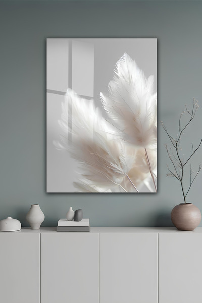 kutuTR Minimalist Beyaz Kuş Tüyü Desenli Modern ve Şık Temperli Cam Tablo 2D ...