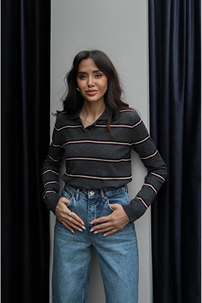 Havoş Anthracite Pinstripe Polo Collar Sweater
