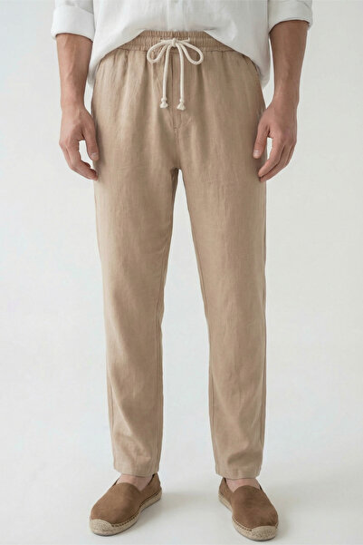 Veleno Men's Palazzo Trousers Beige Wide Leg High Waist with Back Pockets