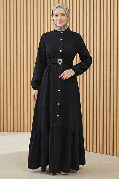 Kirazgym Women's Elastic Belted Buttoned Long Hijab Denim Dress - Black