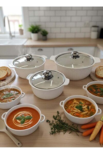 Dove 3-Piece Ceramic Soup Bowl Set With Glass Lid White; Small 8.5 , Medium 1...