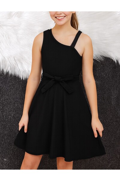 shop Rochie neagră pentru fete, cu centură țesută, design elegant