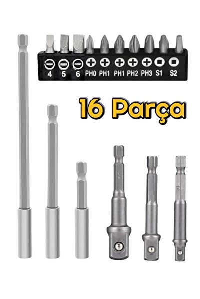 DepoMega 16 Parça Bits ve Lokma Adaptör Seti Uzatma Uçlu Bits Matkap Uçları