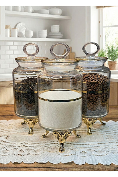 SEÇKİNEV GOLDENJAR 3 PARÇA GERÇEK YALDIZLI VE AYAKLI 1515cc KAVANOZ SET