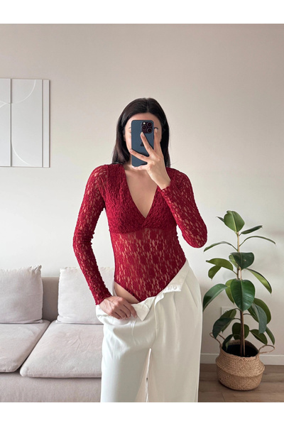 Zoom Butik Dantel V Yaka Bodysuit - BORDO