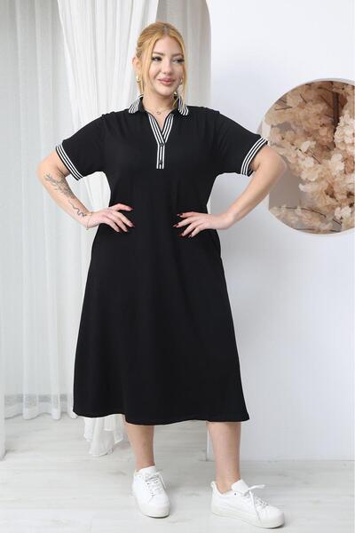 Siyezen Plus Size Polo Collar Dress with Piping Detail