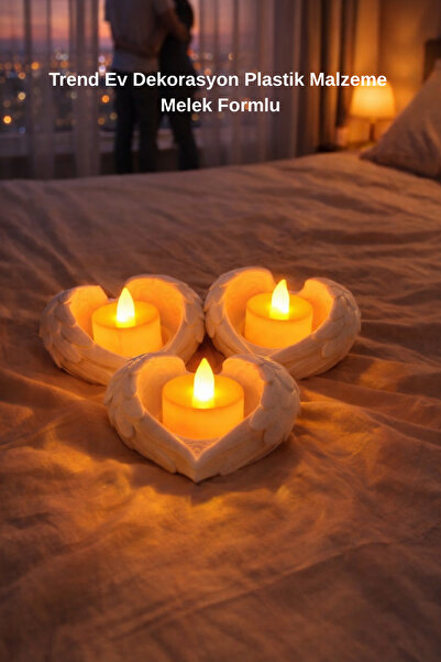 Oxyteez Melek Kanatlı Mumluk Plastik 3'lü Kalp Led Set