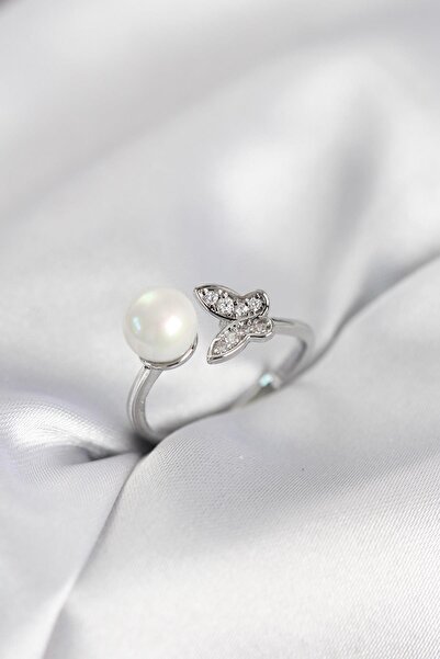 Inure Jewelry Butterfly Pearl Model Silver Color Zircon Stone Women's Ring