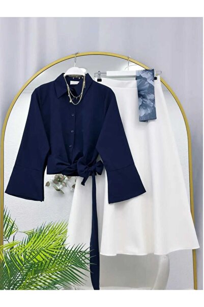 MODA VEDAT Women's Tie-Detail Shirt - Puff Scuba Skirt Set -0490