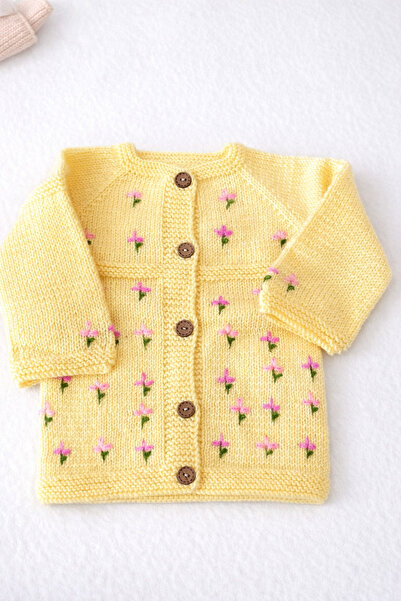 Handmade El Örgüsü Çiçek İşlemeli Kız Bebek Hırkası %100 Pamuk Triko, Düğmeli...