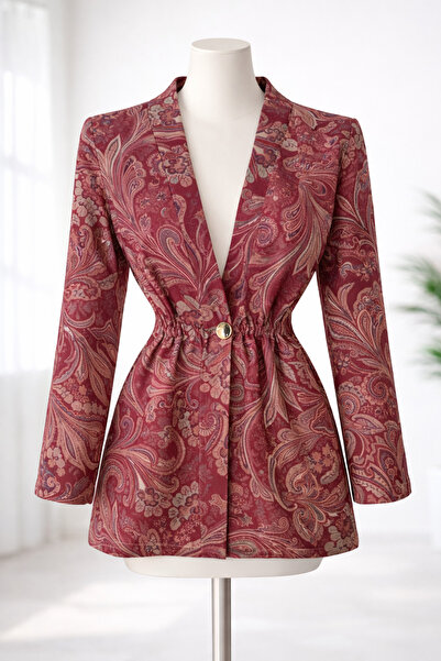 PALMİYE GİYİM Desenli Belden Oturmalı Tek Düğmeli Ceket -Kırmızı