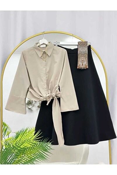 MODA VEDAT Women's Tie-Detail Shirt - Puff Scuba Skirt Set -0490