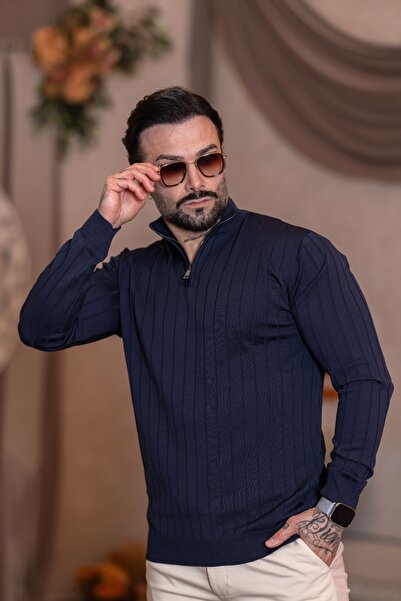 VALERİO MEN Dik yaka fermuar detay fitilli triko