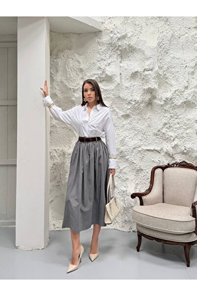 cemo Kadın Kemerli Pile Detaylı Midi Etek