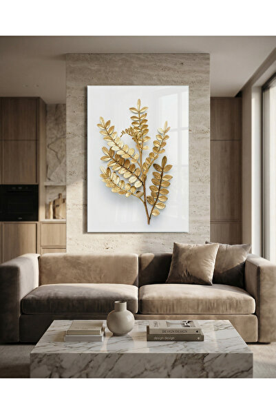 Cam Tablo, Gold Çicek Tablosu, Modern Tablo, Duvar Dekoru, Desenli Tablo